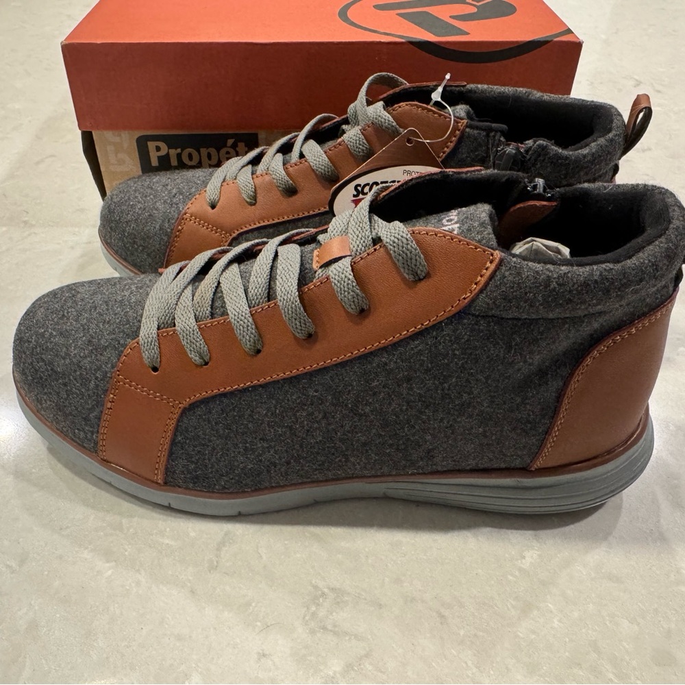 Propet TravelFit Bootie Sneakers with Grey Tweed and Tan Accents NWT
